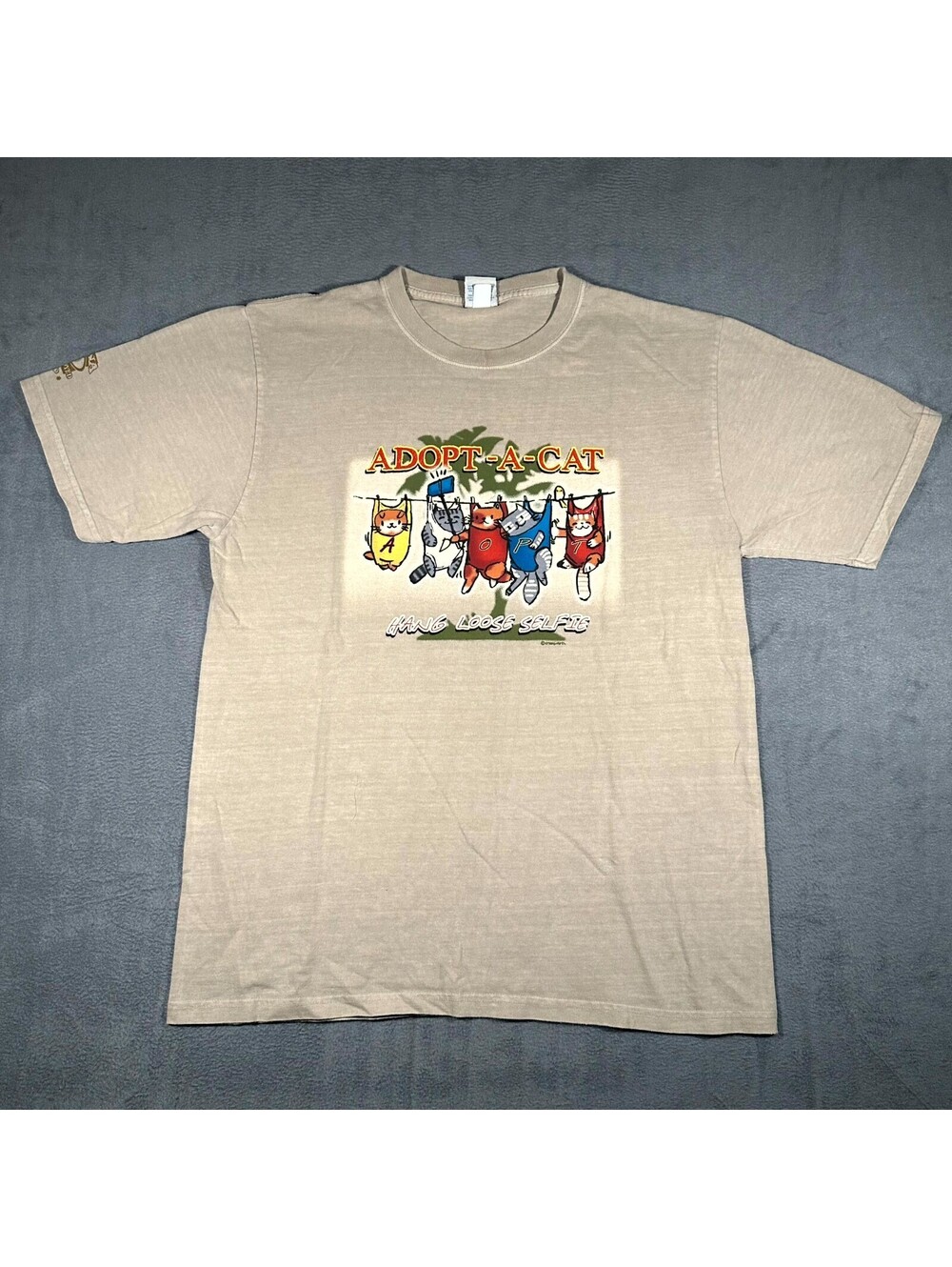 Vintage Crazy Shirts T-Shirt Men Medium Tan Adopt-A-Cat Graphic Short Sleeve 90s
